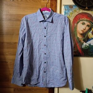 Hermes  Horse Patterned Cotton Button Front Shirt M Blue And Pink